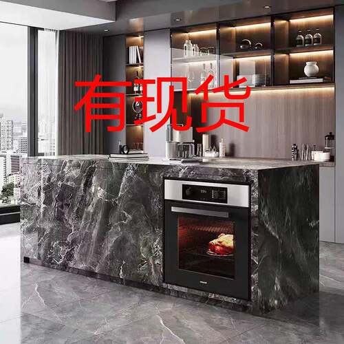 大理石岩板岛台水吧台一体柜木格栅定制餐桌柜商用茶水间吧台