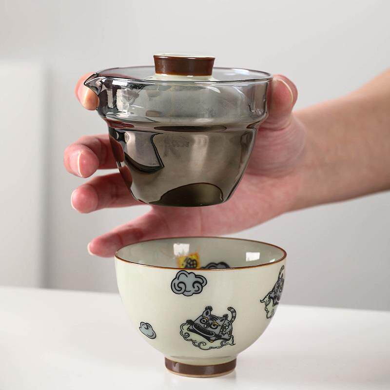 玻璃旅行茶具套装单人户外便携式陶瓷老虎快客杯一壶一杯送礼刻字