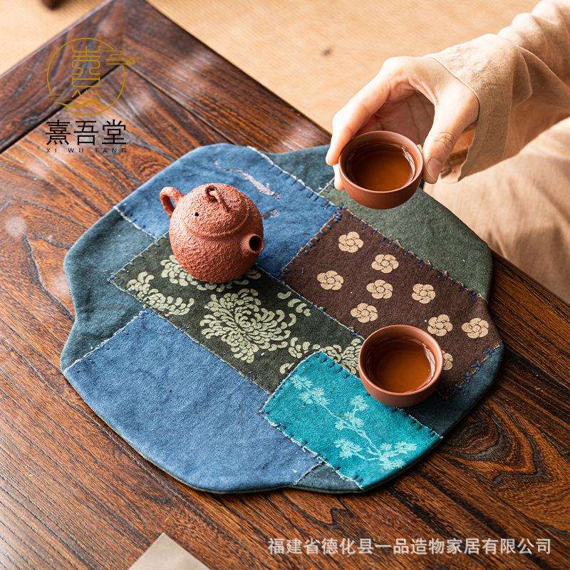 手缝拼布茶席草木柿色扎染刺绣小干泡席粗布隔热垫棉麻长方茶布垫