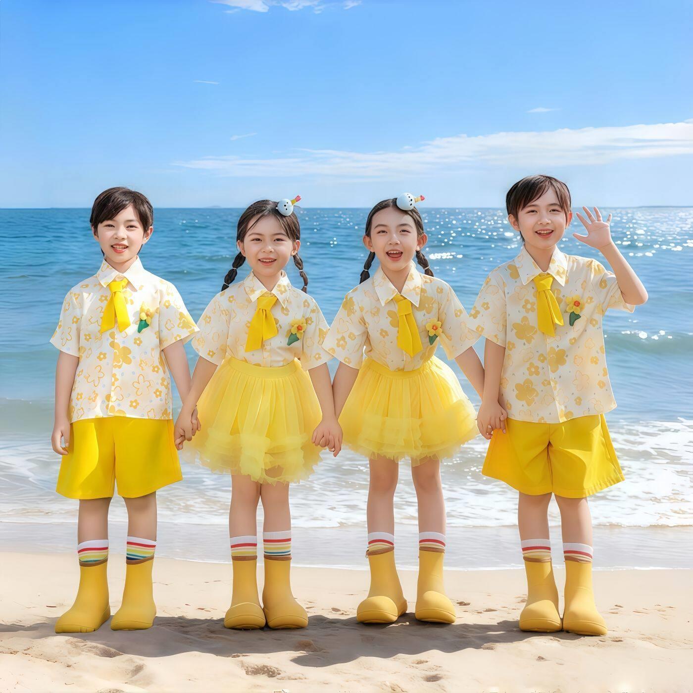 六一儿童演出服新款黄色衬衫蓬蓬裙舞蹈服男童女童啦啦队表演服装