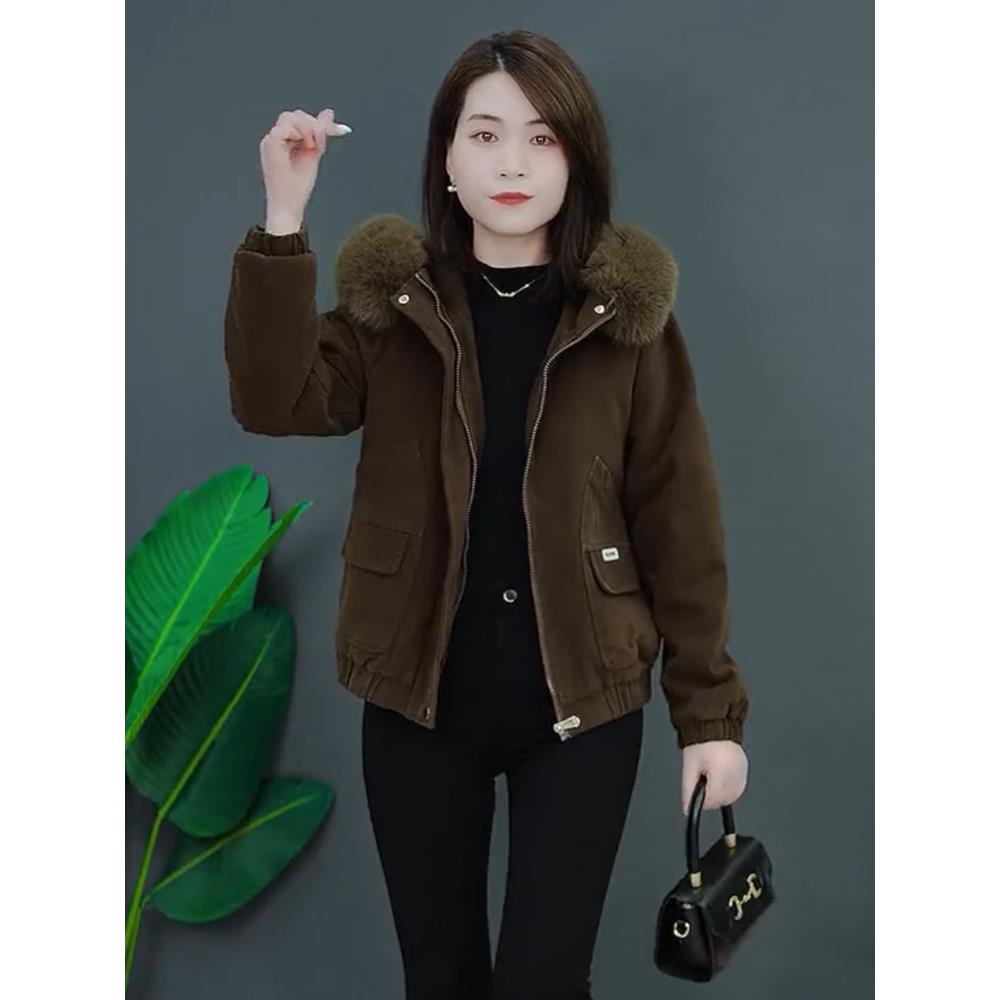 加绒加厚短款外套女派克服2025秋冬新款休闲连帽毛领保暖棉衣夹克