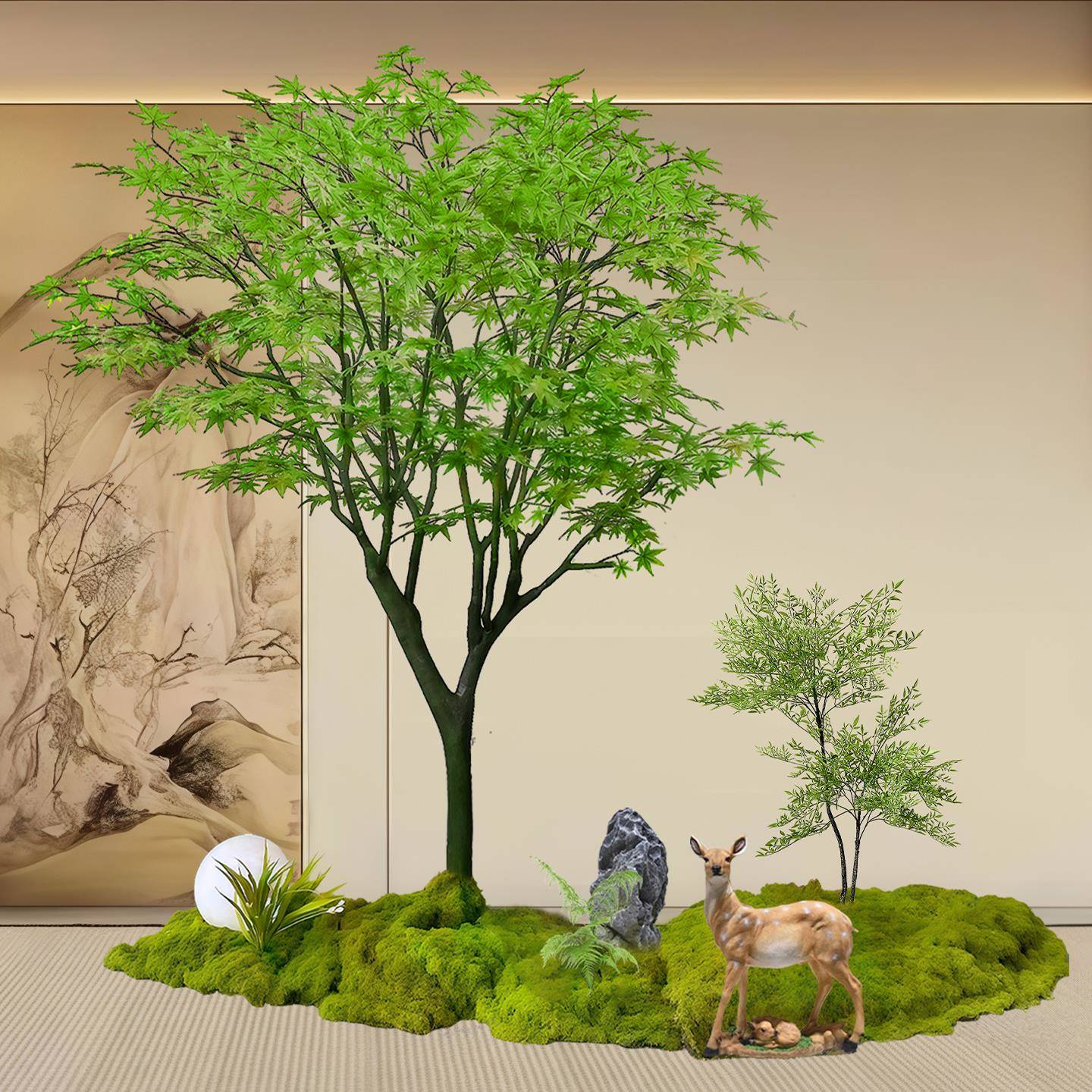 仿真绿枫树落鸡爪枯山水盆景假树HKJ地摆件茶室室槭绿内植造景装
