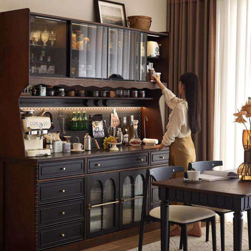 法式古实家木餐边柜家用一体墙储复物收纳高柜酒柜岩-板靠红橡木