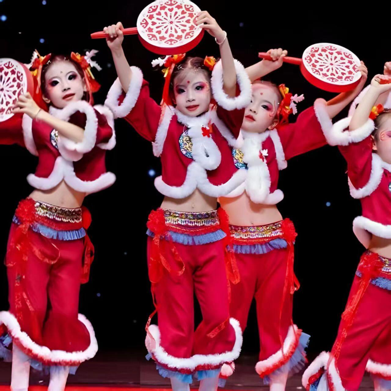 元旦喜庆开门红打鼓演出服儿童拜年幼儿园秧歌中国风舞蹈表演服