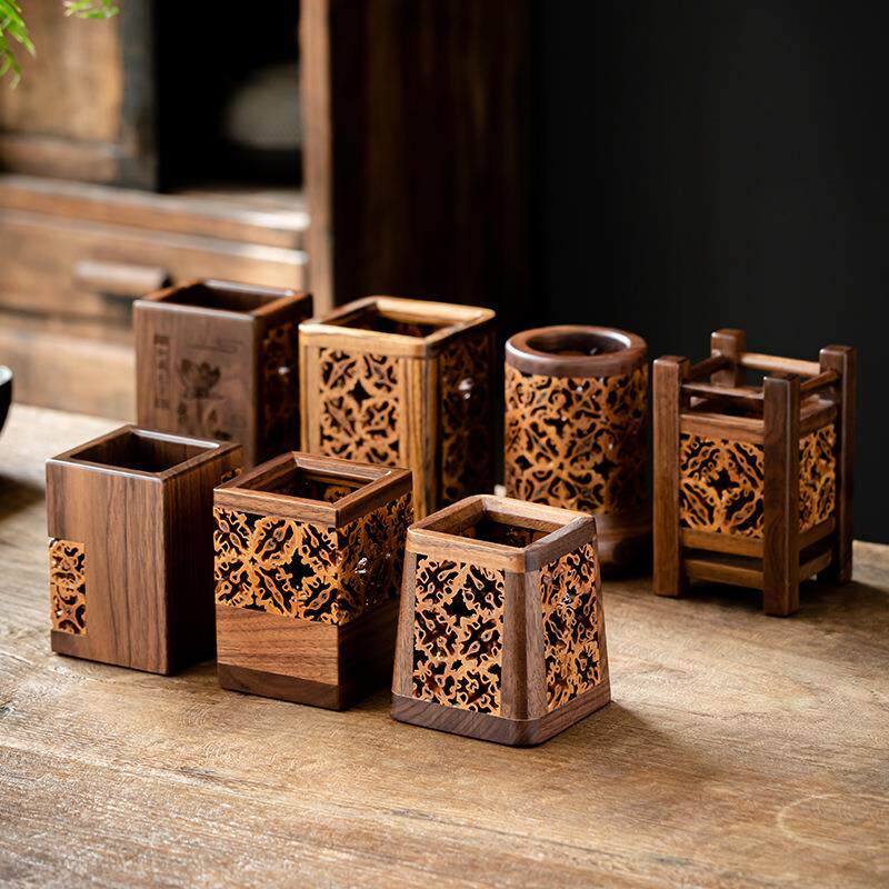 中式复古核桃镂空茶道收纳筒胡桃木笔筒方形茶道六君子筒创意花插