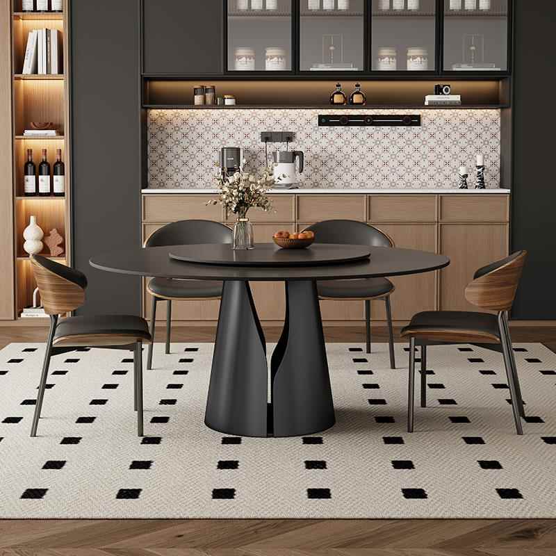 法式岩板餐桌现代简约家用小户型轻奢高端黑色覆古圆形餐桌带转盘