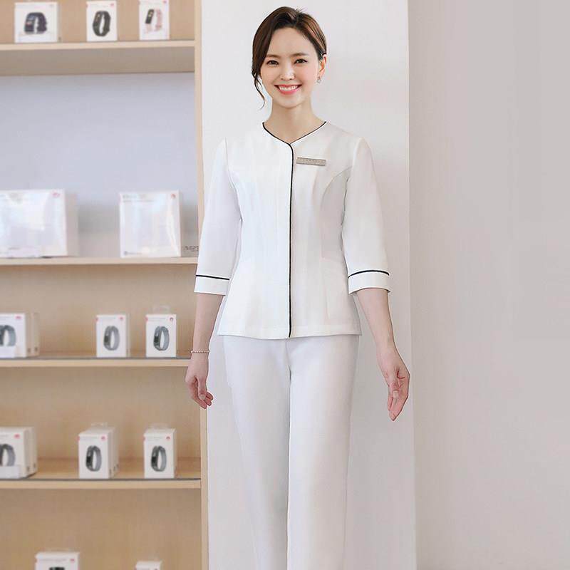 春夏新款七分袖韩版小V领女士制服职业装优雅气质美容师会所工服