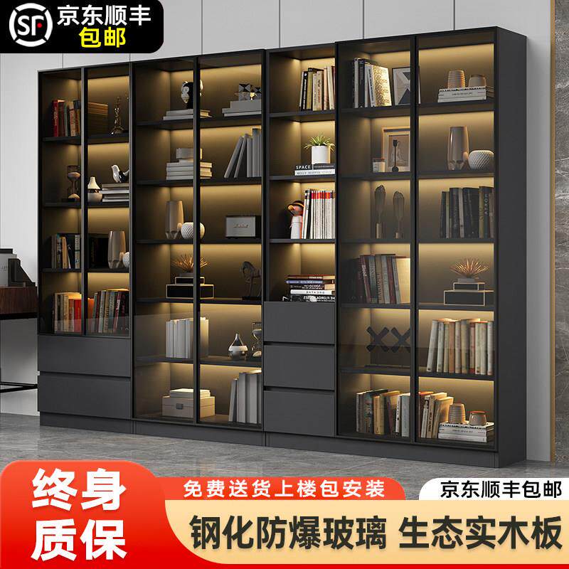 实木定制书柜带玻璃门展示柜轻奢家用客厅一体整墙到顶书架满墙柜