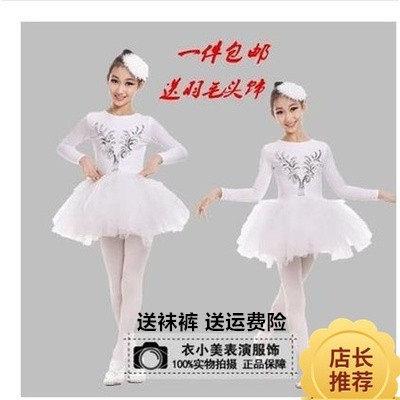 女童小天鹅舞长袖演出服表演服装芭蕾舞蹈服白纱裙公主蓬蓬裙加绒