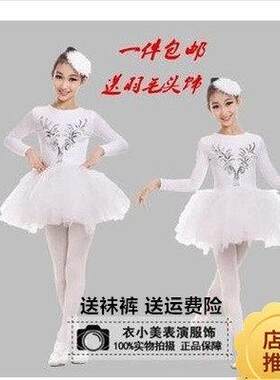 女童小天鹅舞长袖演出服表演服装芭蕾舞蹈服白纱裙公主蓬蓬裙加绒