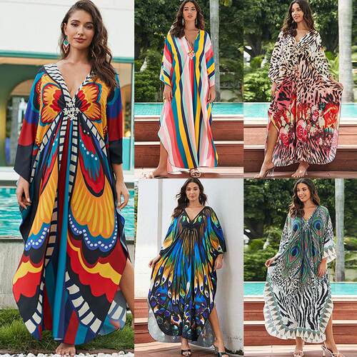 【Plus Size】 Ethnic Pattern & Feather Print Batwing Sleeve