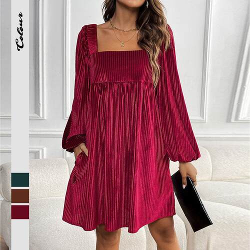 Women's Tie Back Square Neck Velvet Babydoll Dress with