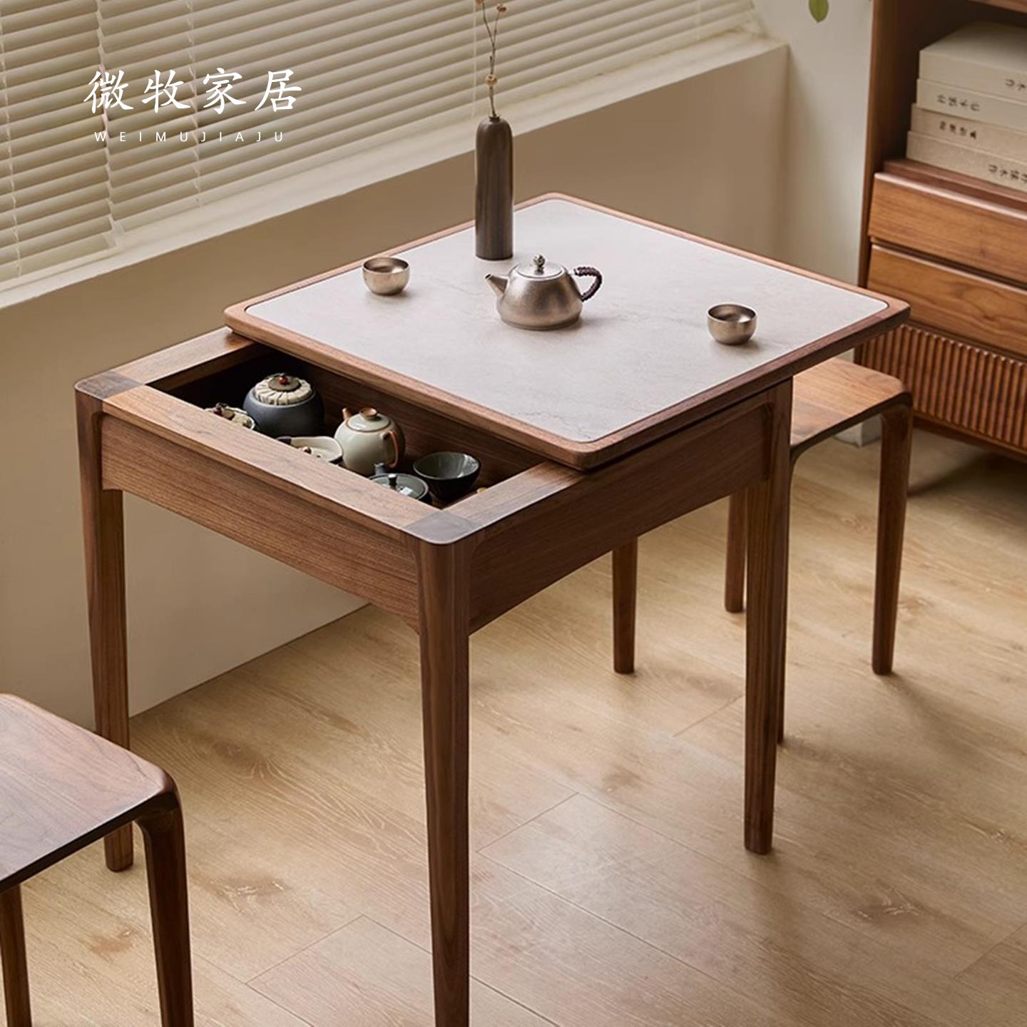 折叠餐桌北美黑胡桃木全实木方桌小户型家用书桌客厅茶边桌可伸缩