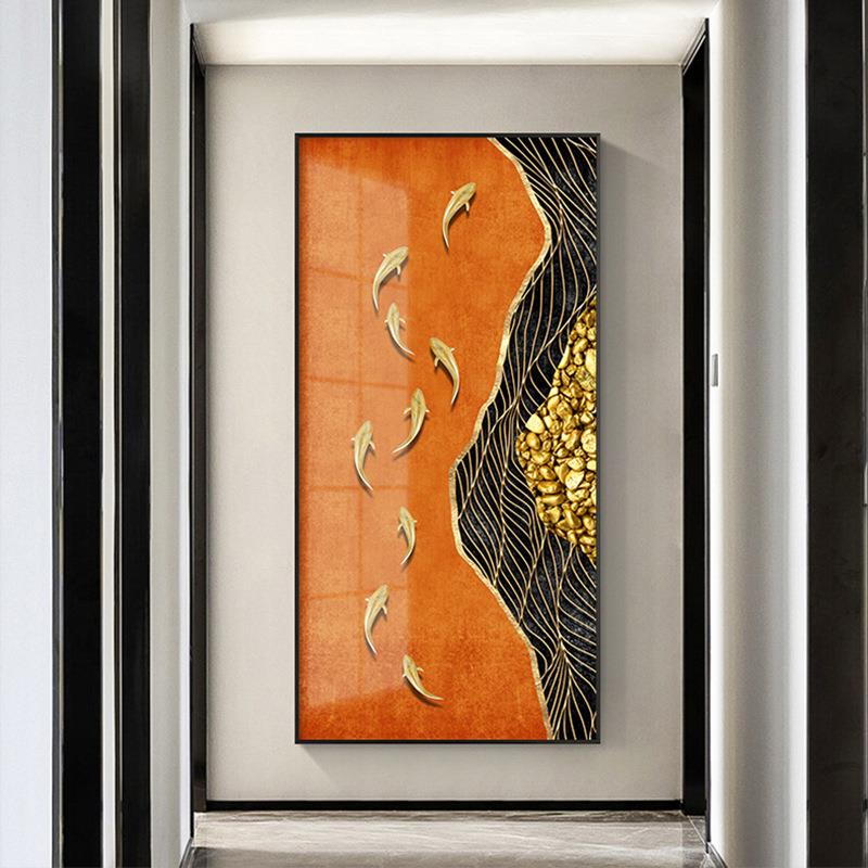 九鱼图入户玄关装饰画晶瓷画新中式大气抽象挂画走廊过道尽头壁画