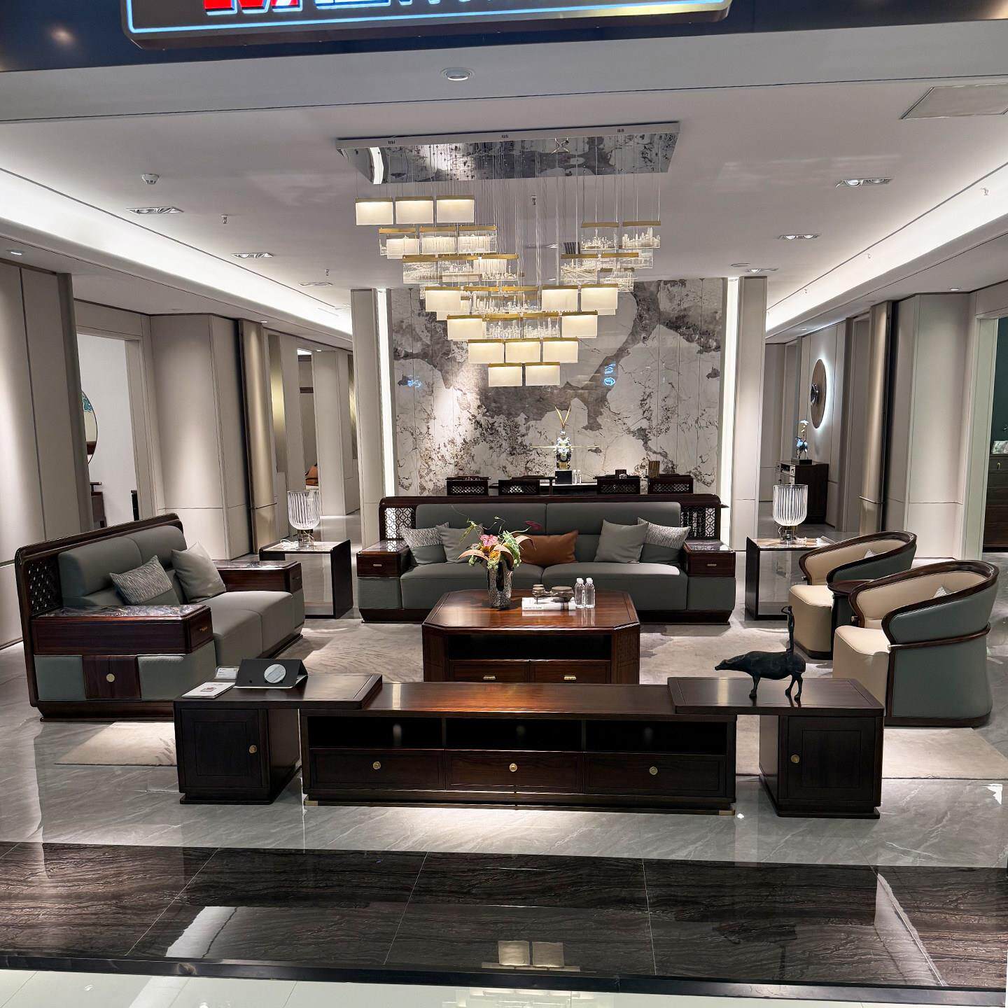 新中式实木沙发组合客厅简约轻奢中国风真皮沙发乌金木大坪数家俱