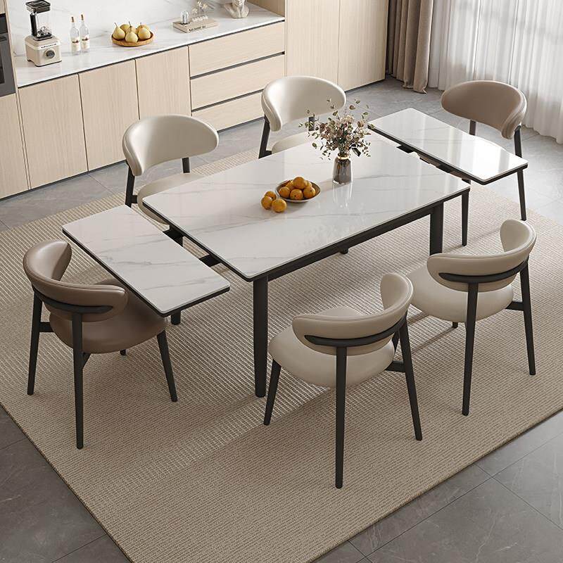 德利丰现代简约实木可伸缩岩板餐桌椅家用小户型可折叠长方形饭桌