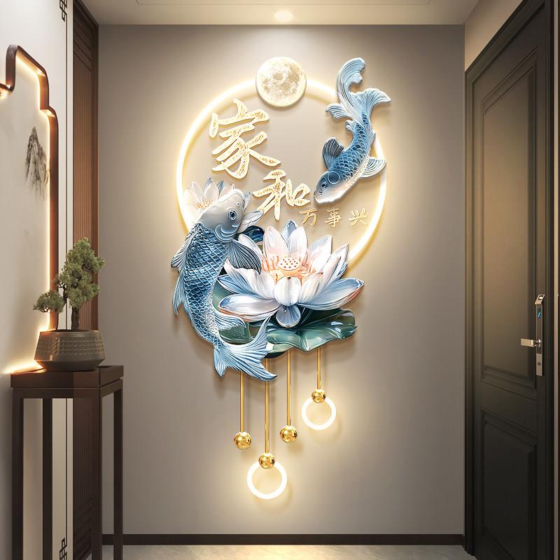 家和万事兴玄关装饰画 画新中式锦鲤荷花入户挂画 画珐瑯彩走廊带