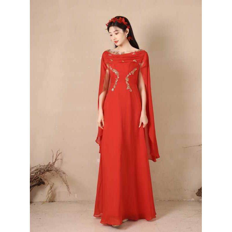 正品新款台古筝演出服成人红色长款瘦舞表演显民乐独奏女演出服主