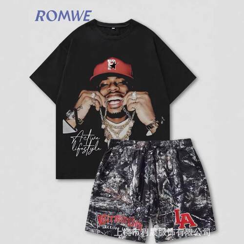 Boys Street Style Hip Hop Rapper Print T-Shirt Set with Camo