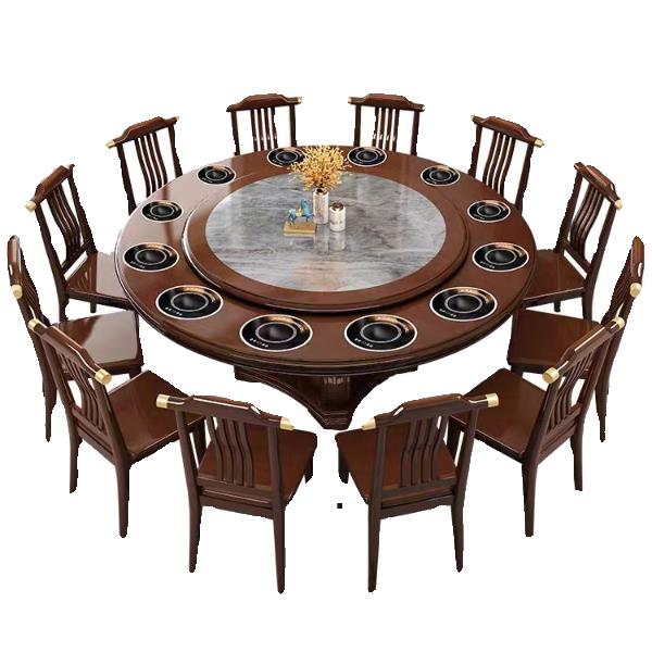 中式圆形实木餐桌椅组合带电磁炉一人一锅商用一体小火锅桌大圆桌