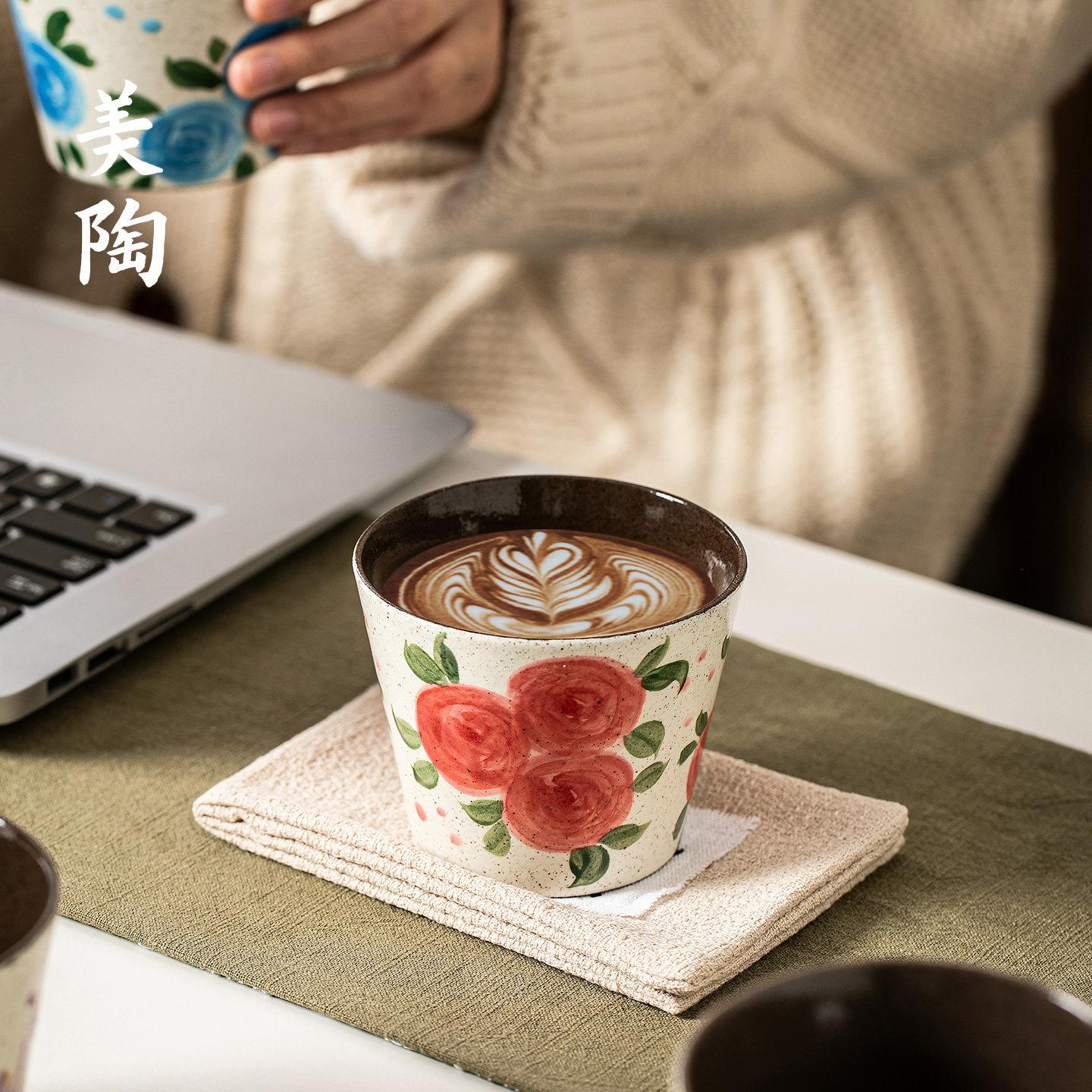 景德镇粗陶复古手绘玫瑰花卉咖啡杯陶瓷猪口杯拉花杯高颜值女生杯