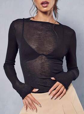Women's Knitted Elastic Half Transparent Long Sleeve Round