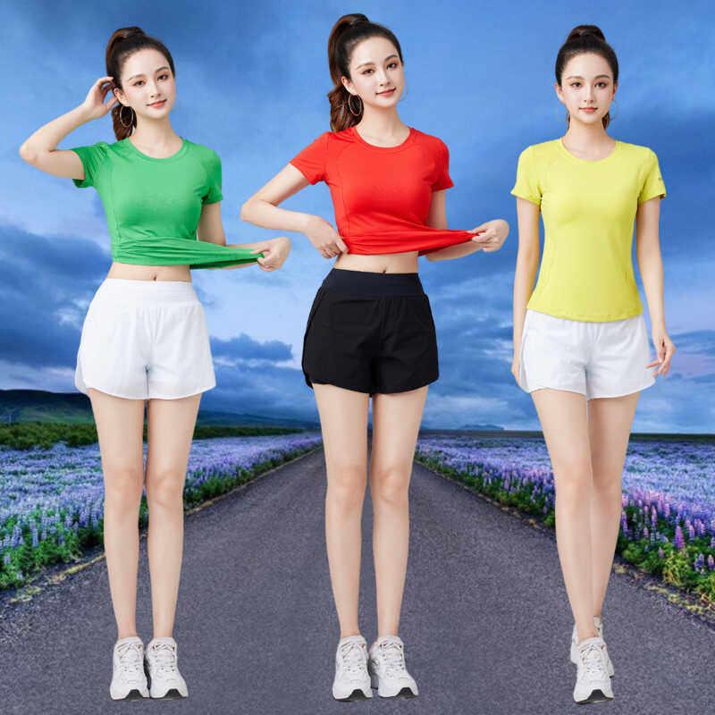 广场舞套装新款快干恤圆领修身跑步运动短裤腰袋短袖女子舞蹈服装
