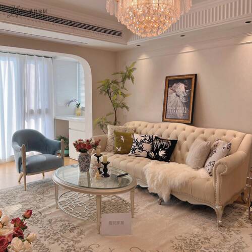 美式轻奢图尔乐章家俱art沙发法式覆古实木雕花客厅三人牛皮沙发