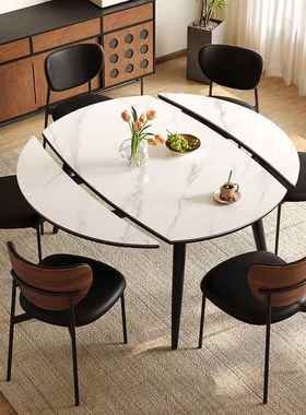 中古风黑色岩板餐桌椅组合方圆两用复古小户型叠可伸缩圆形家用