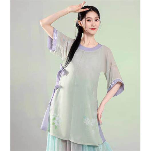 高档泊秦淮舞蹈服装圆领明制大码上衣青衫古夜典舞套演出服装大摆