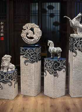 新中式摆件祥云柱展示柱仿石柱墩玄关禅意落地底座客厅茶室装饰
