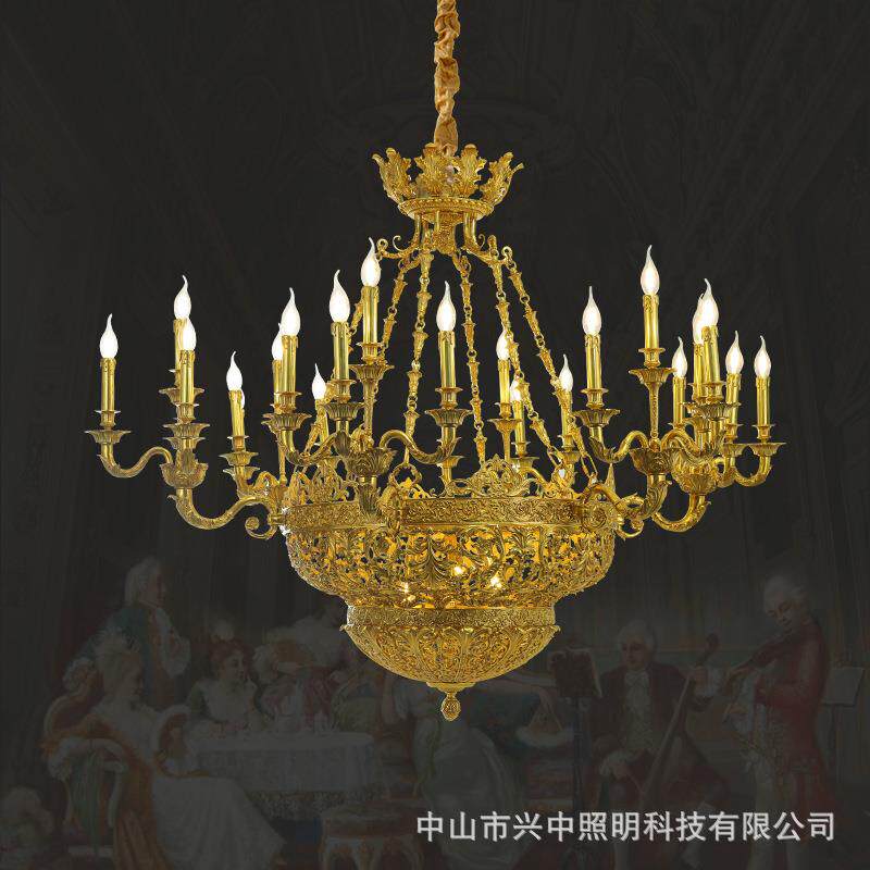 法式全铜灯饰别墅大厅灯具复古客厅欧式铜灯奢华复式楼中空大吊灯