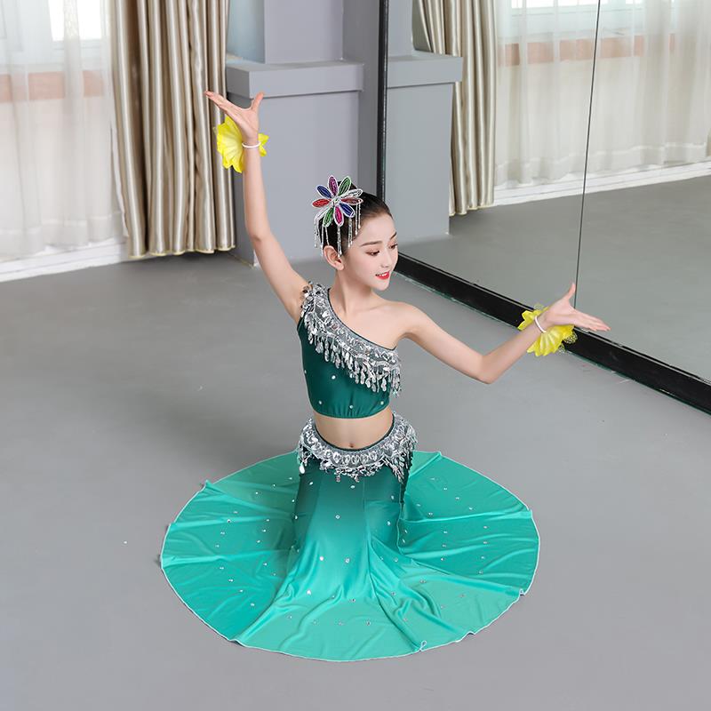 正品傣族舞蹈演出服儿童艺女考功裙孔雀舞蹈表演练服修身童包臀鱼
