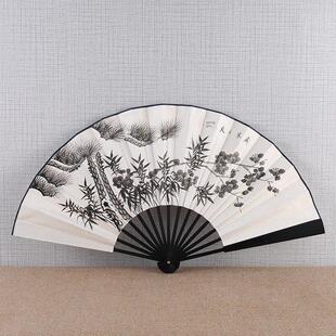 10寸手绘书法扇男式 折扇中国风工艺日用礼品古风大号黑骨国画扇子