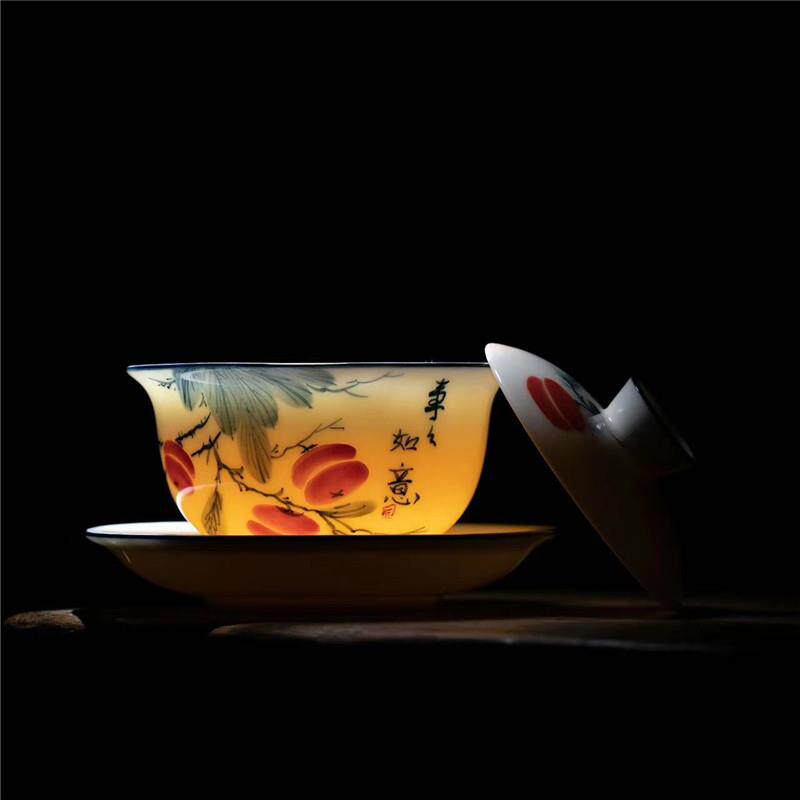 青花瓷三才盖碗茶杯手绘釉下彩复古景德镇釉里红泡茶碗陶瓷不烫手
