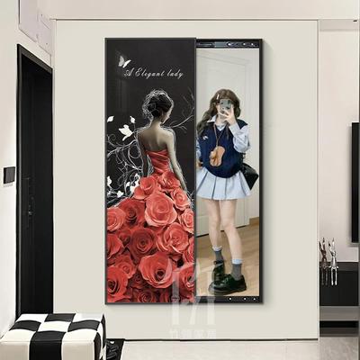 艺术人物美女暗藏式全身镜推拉翻开隐形玄关镜子画客厅穿衣试衣镜