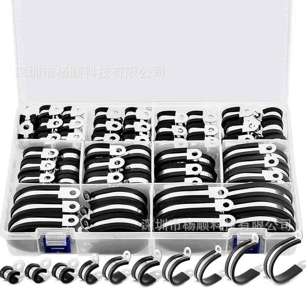 跨境110pcs盒装04不锈钢胶条卡箍R型连胶条软管夹6-44mm组合套装