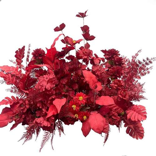 红色地排花婚庆假花装饰舞台路引花排摆件背景挂花绢花摆件仿真花