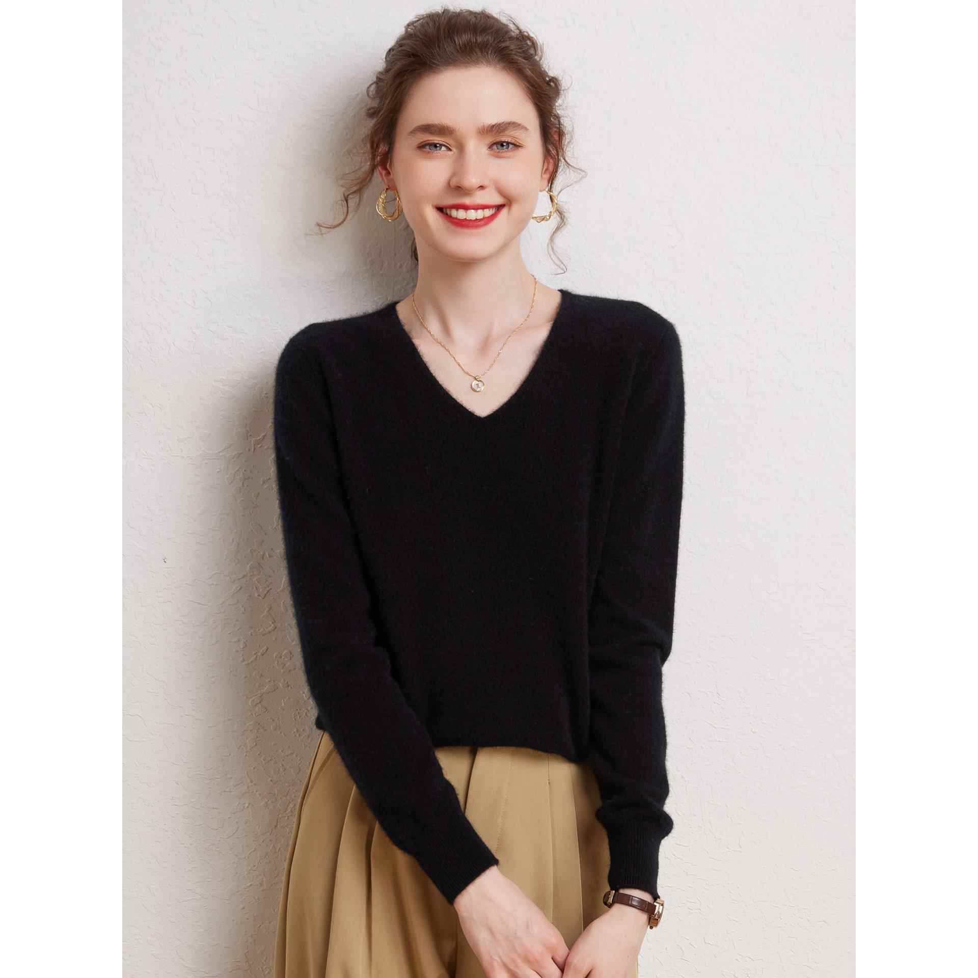 经典永不过时 100%纯山羊绒衫女V领针织打底衫显瘦毛衣内搭上衣