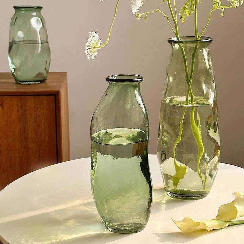 绿色不规则玻璃花瓶透明插花水养高级感复古法式水培鲜花富贵竹