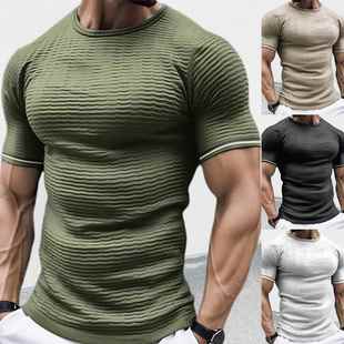 fit neck muscle short sleeve slim knitted shirt mens wear