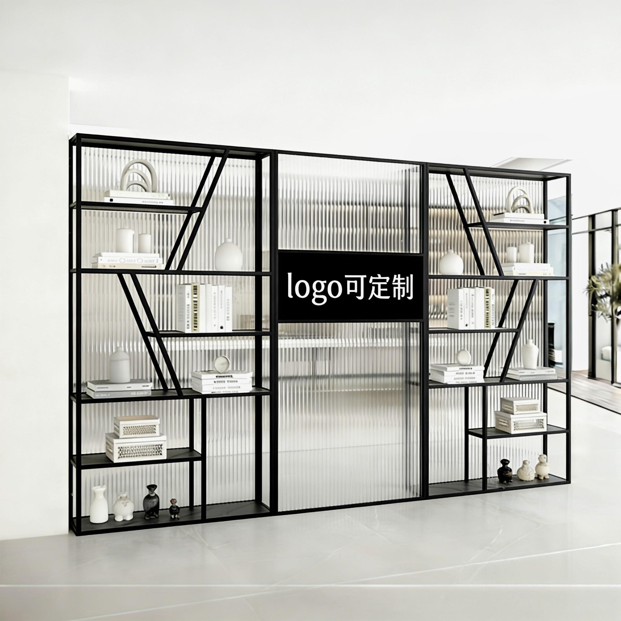 简约现代玻璃隔断置物架公司形象墙展示架装饰架铁艺办公室屏风