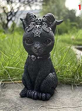 新款直销万圣节跨境魔法猫树脂摆件装饰可爱套装摆件魔法猫羊角翅