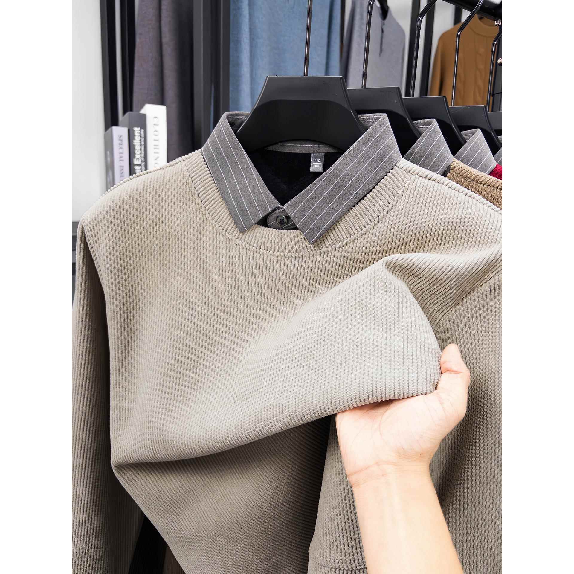 一体绒毛衣男针织假两件衬衫领加绒加厚冬季卫衣打底衫1204e