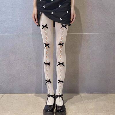 Women Cute Seethrough Pantyhose with Bow Knot Decors Hollow