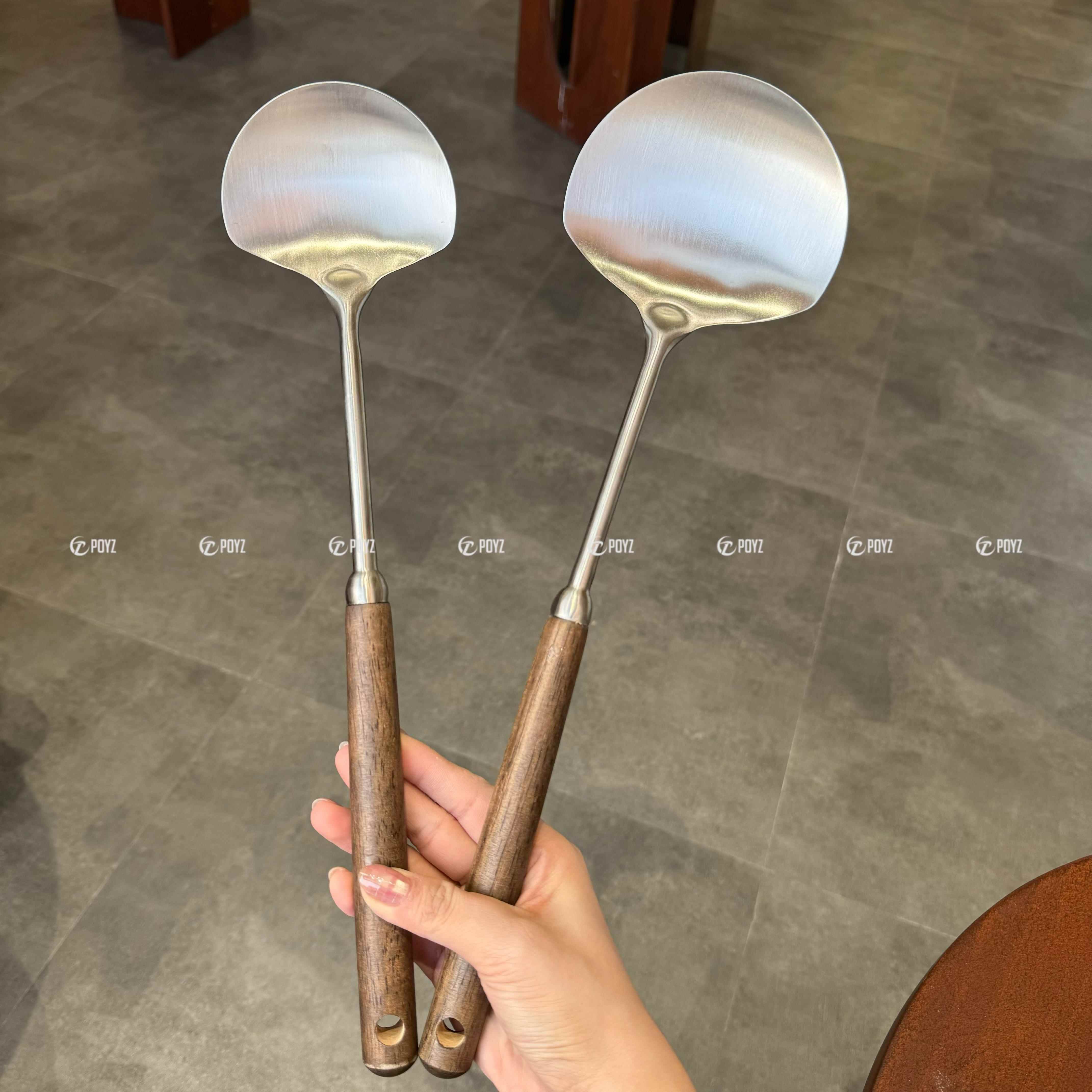 304不锈钢锅铲胡桃木铁锅铲家用蘑菇头炒菜铲子木柄防烫加厚炒勺