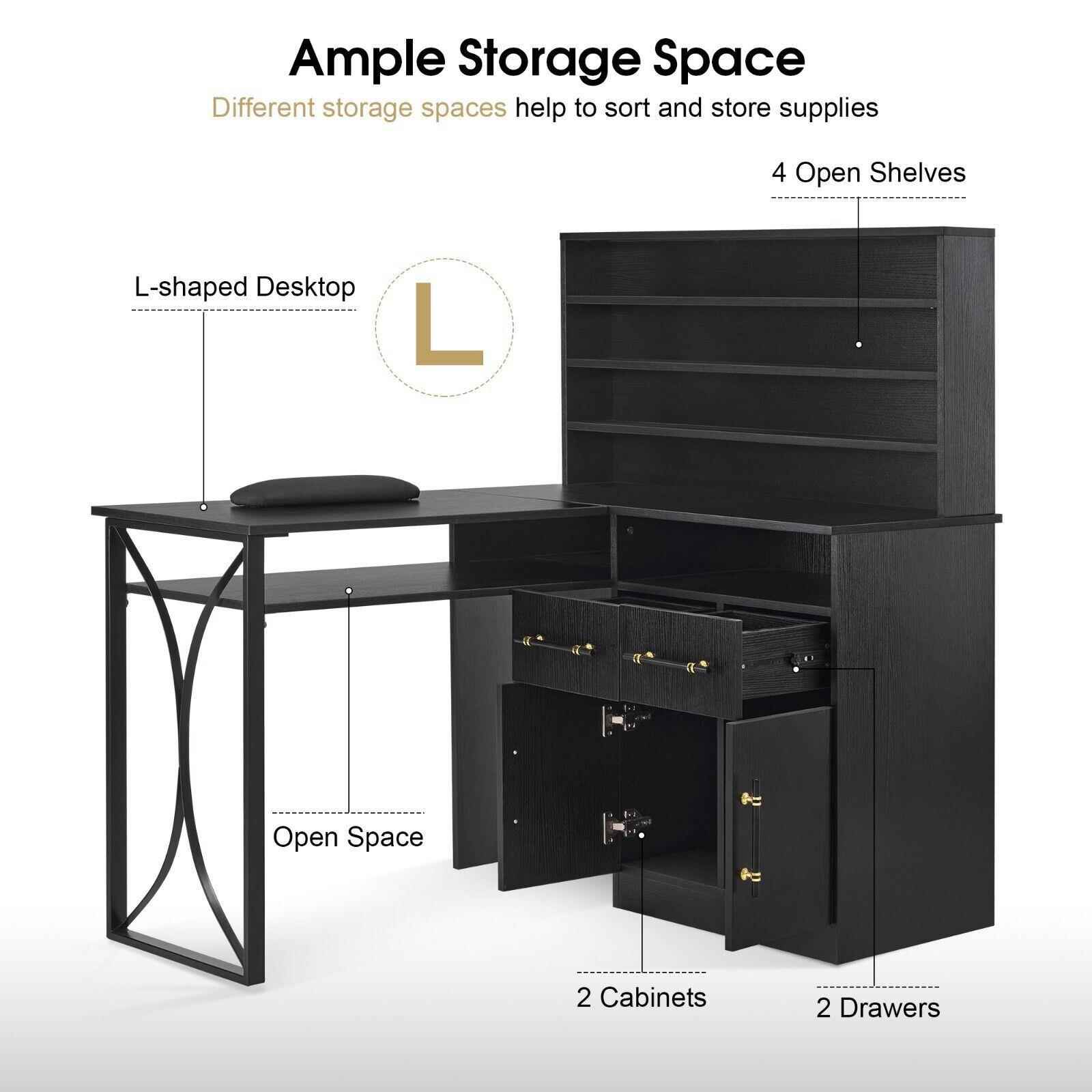 L形指于甲台用存{CQL储美甲桌带抽屉储大物美甲桌黑色}