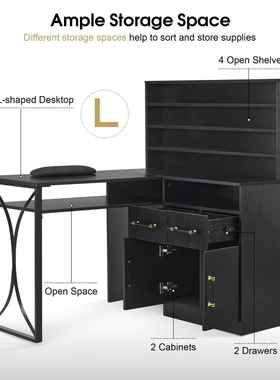 L形指于甲台用存{CQL储美甲桌带抽屉储大物美甲桌黑色}