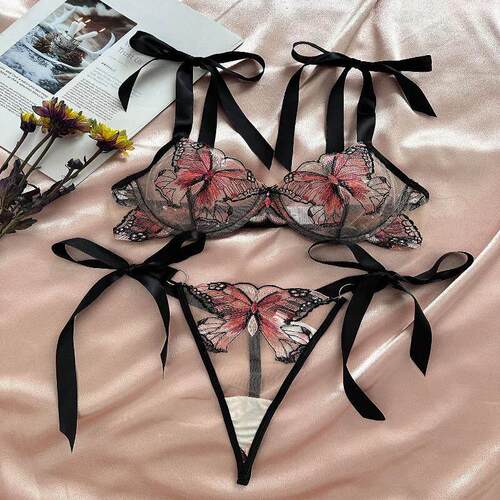 Transparent mesh ladies sexy suit蝴蝶刺绣吊带透明网纱内衣套
