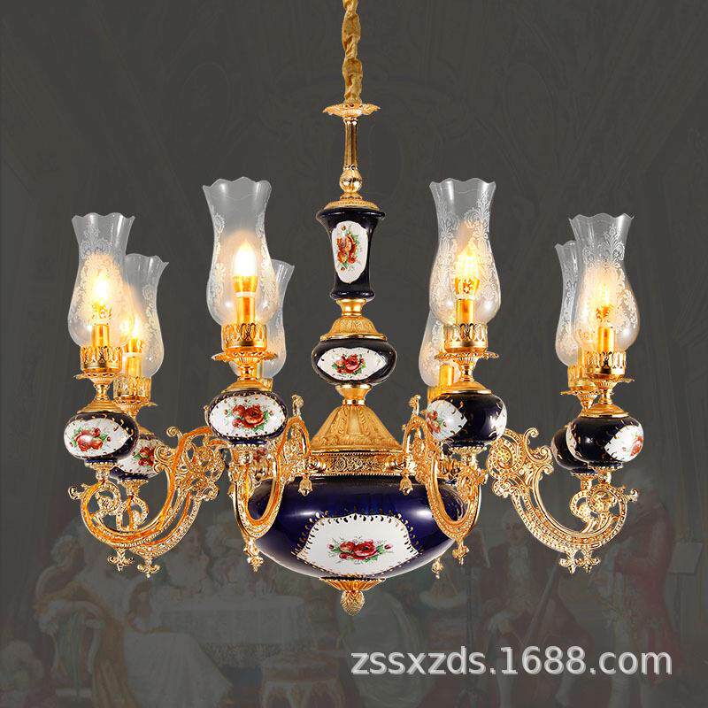 法式全铜陶瓷客厅吊灯欧式复古灯饰奢华别墅餐厅灯卧室家用灯具